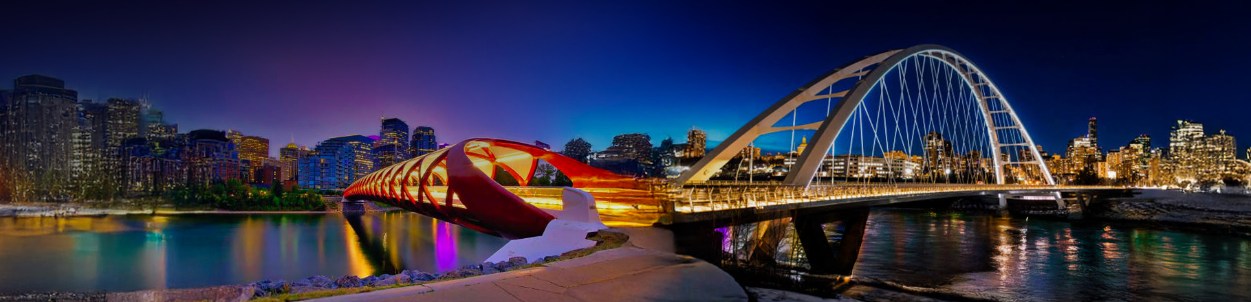 Imag of the peace bridge in Calgary and the Walterdale Bridge in Edmonton