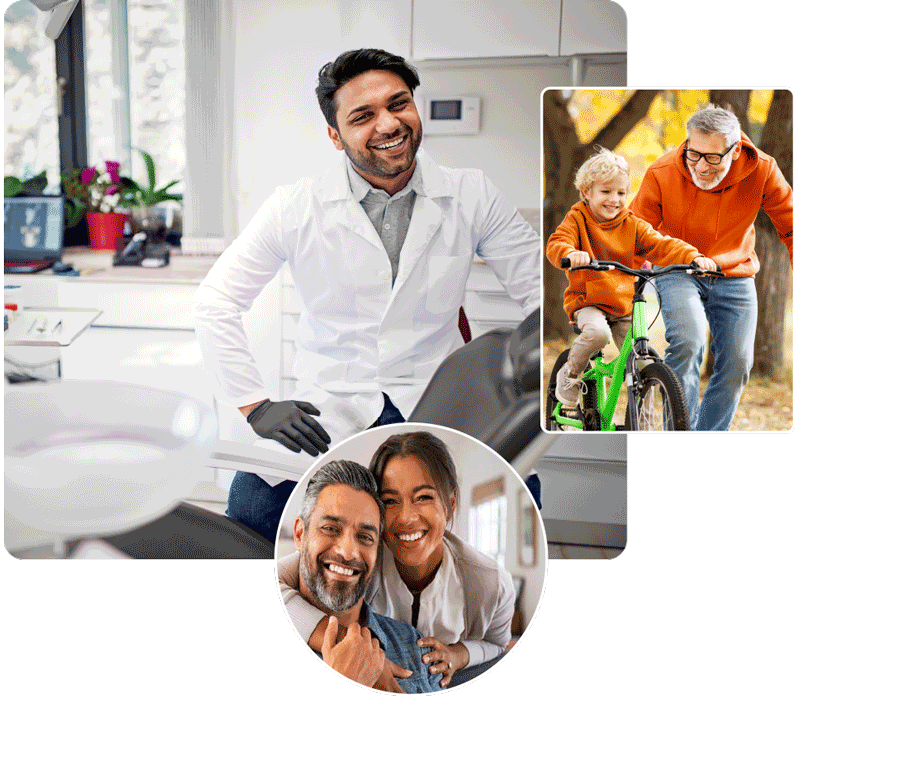 Deboski & Co Home page header image with three images inset a doctor in a room with a chair an older man with a child on a bike two people a man and a woman hugging.