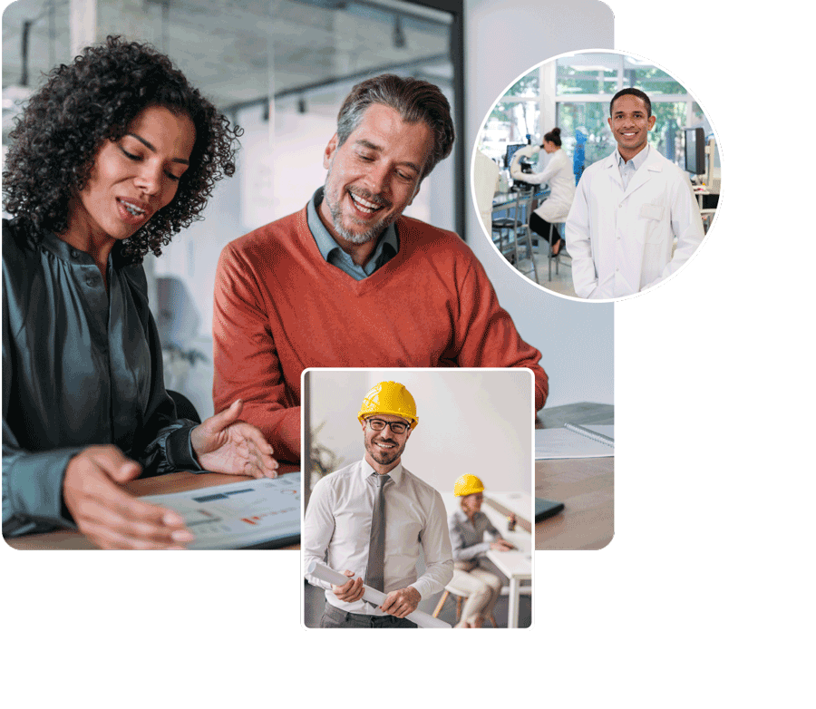 Deboski & Co Home page header image with three images inset A man and a woman looking at a spread sheet two scientists in a room and two engineers in a room.