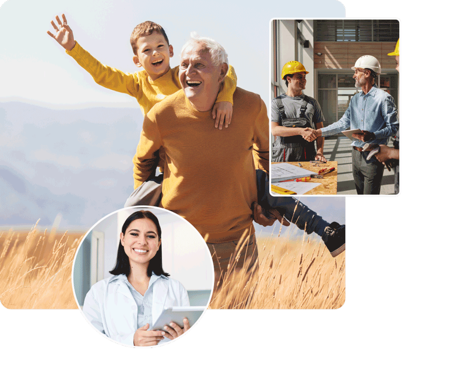 Deboski & Co Home page header image with three images inset with two construction workers shaking hands a woman holding a tablet and a older man with a young child on his back